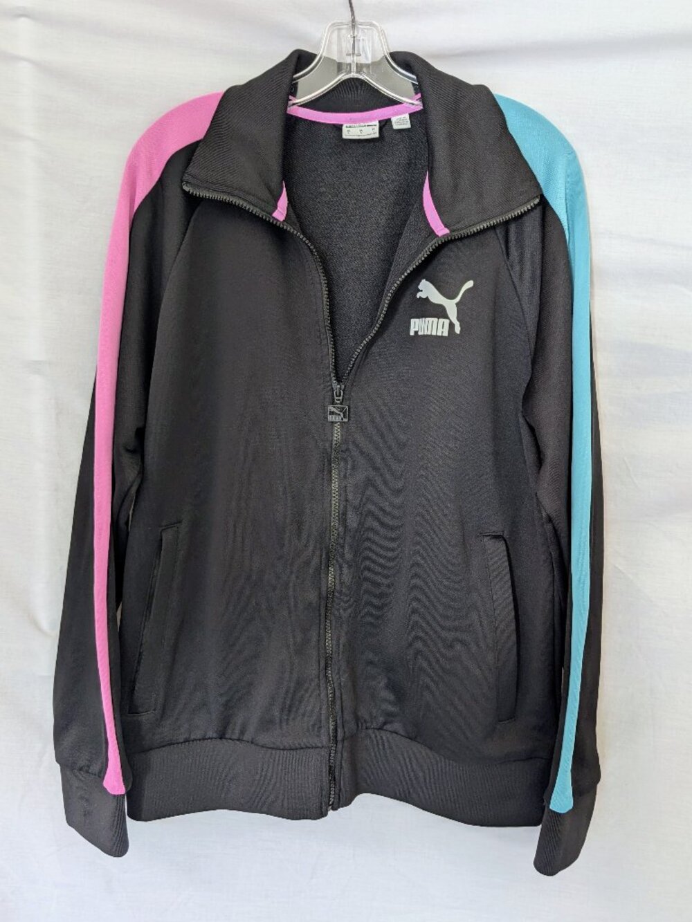 Puma T7 Track Jacket Women's Large Black Pink Blue Full Zip Retro Athleisure